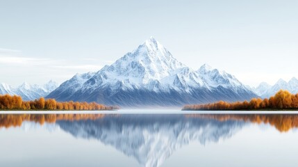 Serene mountain lake at autumn dawn.  Vast snow-capped peak reflects in calm water.  Vibrant fall foliage borders tranquil shoreline