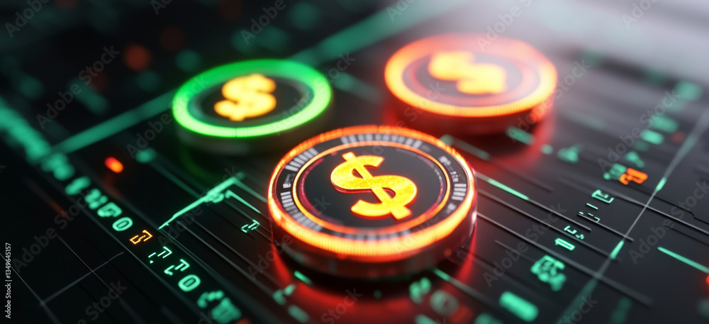 Aufkleber in a digital environment, vibrant coins representing currency are displayed with glowing designs. th