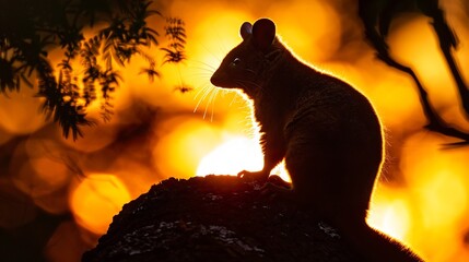 Silhouette photography of Northern Brushtail Possum sunset backlit golden horizon captured using long lens and careful exposure settings for a striking contrast between the subject and the vibrant sky