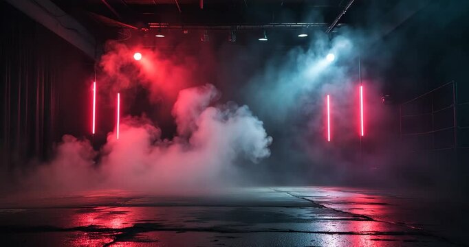A dimly lit vacant street, an unoccupied dark setting, neon illumination, spotlights, the asphalt surface and studio space with smoke rising through the interior texture.