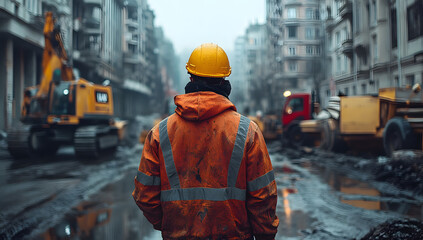 Construction Worker in City Street Urban Renewal and Roadwork