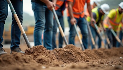 Diverse construction workers at ground breaking ceremony. Team uses modern tech shovels. Symbolizes teamwork, community, development, progress. Men and women, focus on earth, dirt, project start.