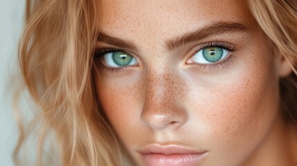 Close-up beauty portrait of a young woman with vibrant green eyes and freckles