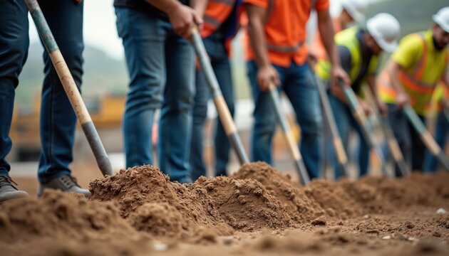 Diverse construction workers at ground breaking ceremony. Team uses modern tech shovels. Symbolizes teamwork, community, development, progress. Men and women, focus on earth, dirt, project start.