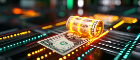 A stack of dollar bills rests on a sleek digital background, symbolizing stability and investment potential.