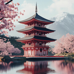Naklejka premium Traditional Japanese Pagoda with Cherry Blossoms and Mount Fuji View 