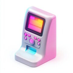 Isometric retro device with pastel pink and gray plastic, glowing screen and buttons, symbolizing nostalgic tech. Perfect for arcade, digital art, and vintage-futuristic design themes.
