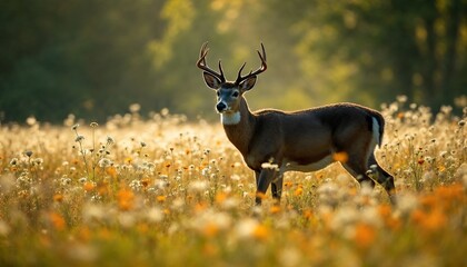 Majestic Buck Deer in Sunset Wildflower Meadow