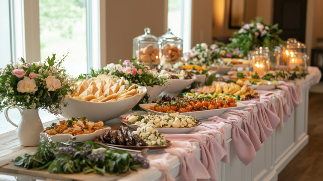 Spring Easter buffet with floral decor and seasonal dishes