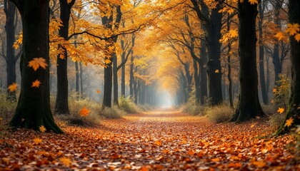 Obraz premium Autumn Pathway Through Golden Trees Landscape
