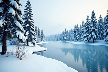 Minimalist forest landscape with snow-covered trees and a frozen lake, winter, snow, still life