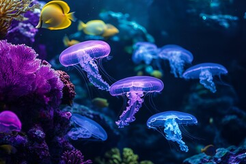 A breathtaking marine world where bioluminescent jellyfish pulse softly over a coral reef brimming with fish of every shape and color.