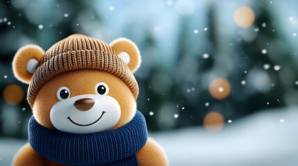 A cute and cuddly teddy bear dressed in a warm hat and scarf smiling happily amid the snowfall in a serene winter landscape