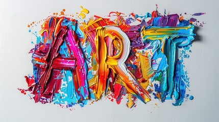 Vibrant oil paint spells ART on white canvas, bursting with color and texture, symbolizing creative expression. Great for design blogs and art studio promotions.