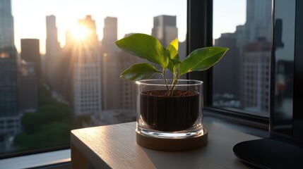 Urban oasis, small plant in modern pot, city sunrise view