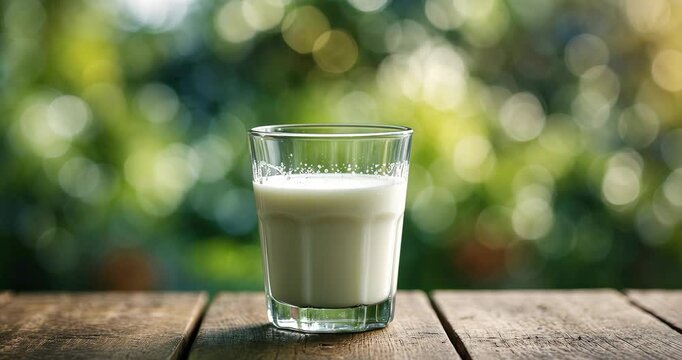 A wooden table with a glass of milk set against the backdrop of a garden.