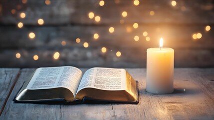 An open book rests on a wooden surface beside a lit candle, surrounded by soft, glowing lights, creating a serene and contemplative atmosphere.