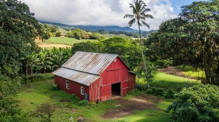 Red barn surrounded by lush greenery under a vibrant sky in a tropical landscape