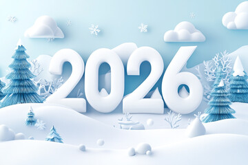 3D 2026 text, white background, snowy landscape, isometric view