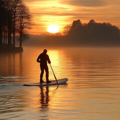 Man paddleboarding lake sunset misty sunrise