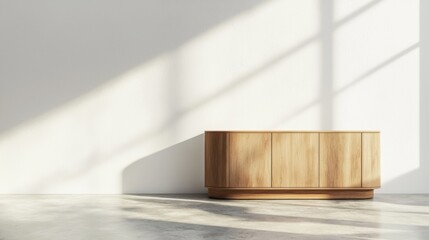 Wooden TV cabinet on white gray background. Wood stage display product. Empty stand pedestal of natural wood for luxury product presentation. Realistic modern design
