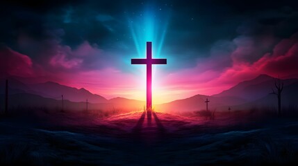 Fototapeta premium A vibrant, surreal landscape featuring a glowing cross against a colorful sky, symbolizing hope and spirituality amidst a dramatic backdrop.