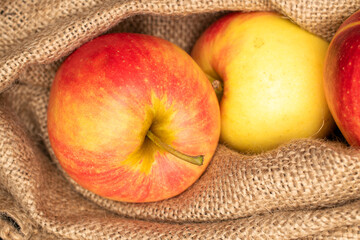 Two juicy apples in a jute bag, macro.