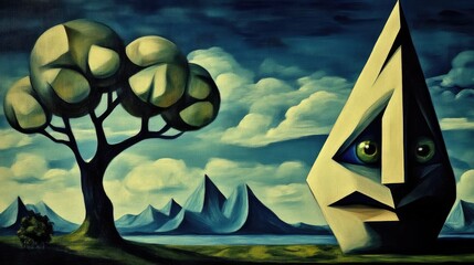 Surreal landscape painting, featuring a stylized tree, mountains, and a geometric face, with a dreamlike quality