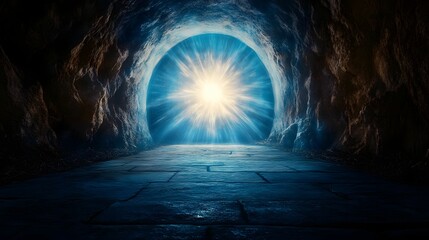 Obraz premium A bright light emanates from the end of a dark tunnel, illuminating the stone pathway with a mystical glow.