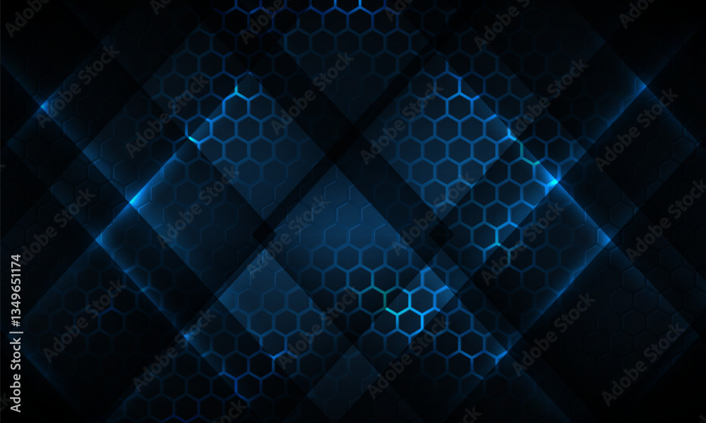 Poster Dark hexagon gaming abstract vector background with blue colored bright flashes. Vector illustration with honeycomb texture grid