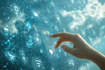 Person interacts with blue glowing digital interface displaying network icons