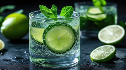 Refreshing lime and mint drink with ice.  A light, bubbly beverage garnished with lime slices and fresh mint leaves.  Crisp and cool