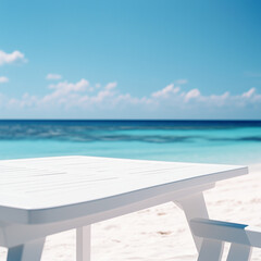 Obraz premium Clean white beach table with turquoise sea view