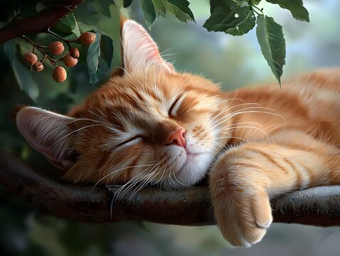 A content orange tabby cat sleeping peacefully on a branch surrounded by lush green foliage in a serene outdoor setting