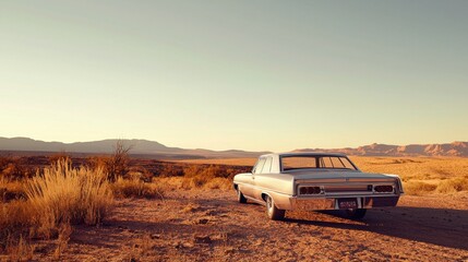 American retro car background. Classic vintage luxury auto on beautiful nature landscape
