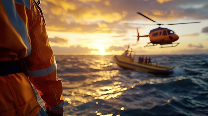 Obraz premium Rescue operation at sunset as helicopter supports boat crew during emergency in the open sea
