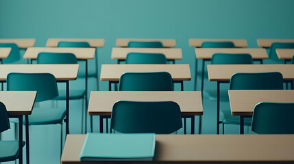 Naklejka premium Empty Classroom Interior With Rows Of Wooden Desks And Teal Chairs Under Bright Light