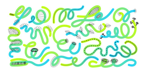 Creative Modern Art Hand Drawn Wavy Lines and Scribble Futuristic Sketches with Vibrant Colors. Playful geometric fluid organic shapes isolated. Trendy colorful freehand line doodles.