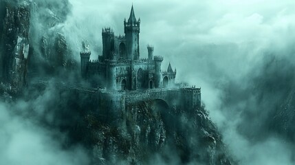 Naklejka premium Castle atop mountain peak engulfed in fog, moody sky background, dramatic