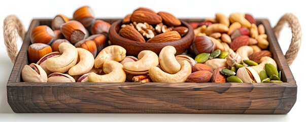 A diverse selection of nutritious nuts and seeds including almonds cashews pistachios and walnuts arranged in a rustic wooden tray for a tasty and wholesome snacking experience