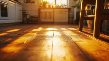 Fototapeta premium Warm sunlight streaming through a kitchen window illuminating wooden floors during late afternoon hours