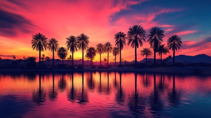 Obraz premium Vibrant sunset over palm trees reflected in tranquil water; desert landscape; travel poster