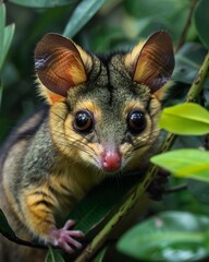 Obraz premium Stunning macro photo of Green Lemuroid Ringtail Possums expressive eye reflecting dense jungle canopy highlighting intricate fur texture subtle color gradient professional prime lens hyperreal clarity