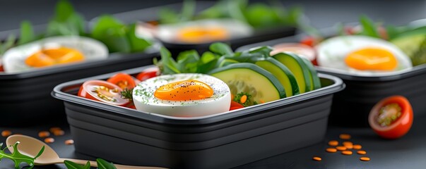 A visually appealing and nutritious breakfast plate featuring a variety of fresh vegetables including avocado tomato and cucumber