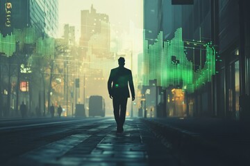 A businessman walks through a city street at dawn, with a green data visualization overlay suggesting financial markets.
