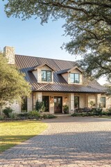 Charming rustic home with stone exterior located in a serene landscape, featuring ample greenery and a well-maintained garden during golden hour