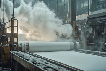 Craft paper making , Ancient papyrus paper industrial factory, Selective focus mass production paper making in industry plant manufacturing.