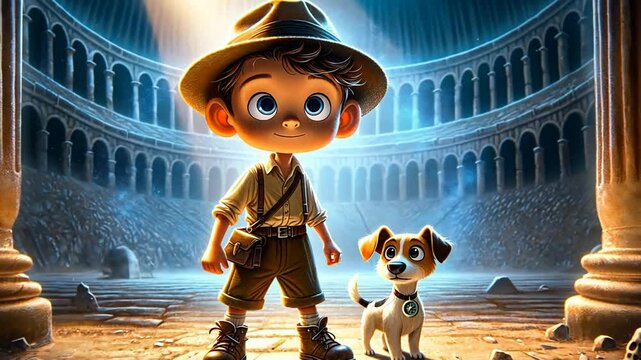 Abenteuerlicher Junge mit seinem Hund in einer Arena