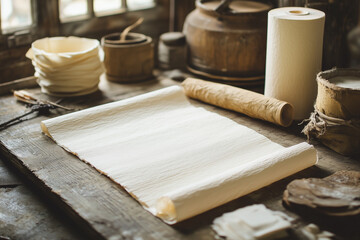 Craft paper making , Ancient papyrus paper industrial factory, Selective focus mass production paper making in industry plant manufacturing.