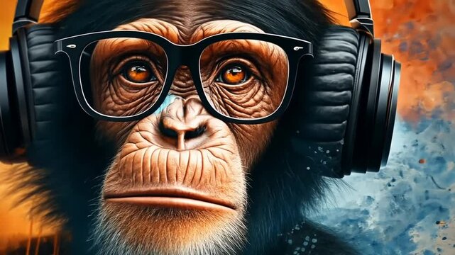 Schimpanse mit Kopfh&ouml;rern und moderner Brille